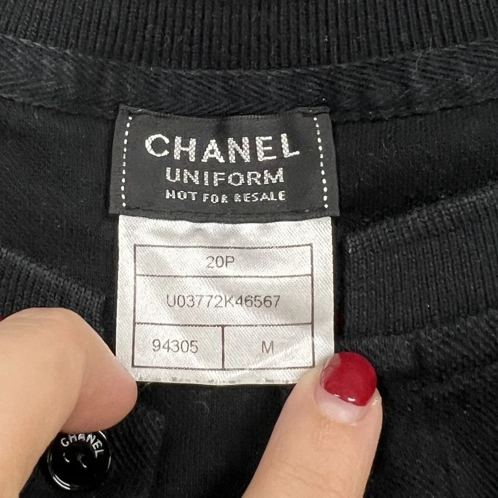 Chanel Uniform Henley Top Womens M Black Short Sleeve Pique CC Logo 20P